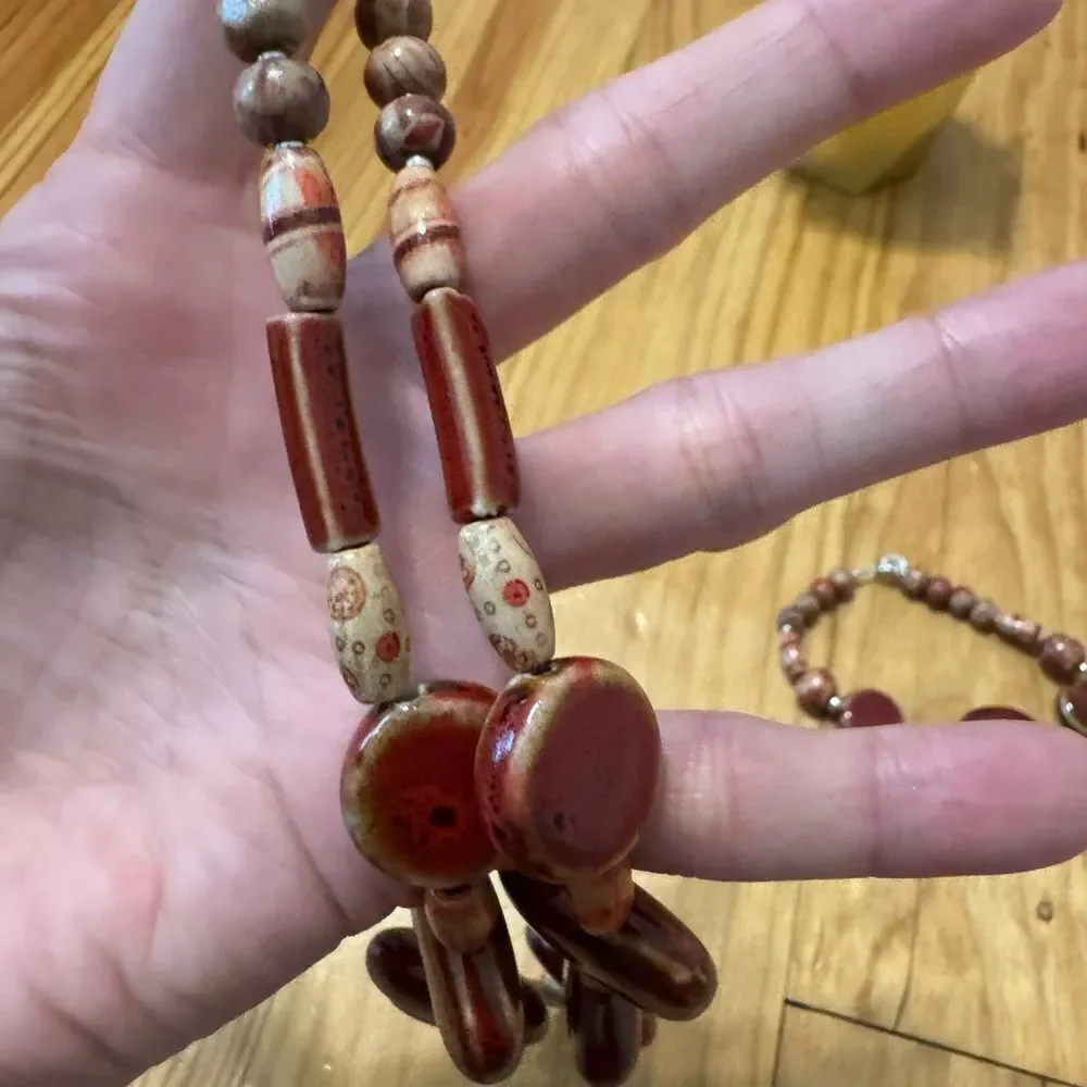 New Southwest Chunky FEATHER/LEAF PENDANT Beaded Necklace w/ Bracelet